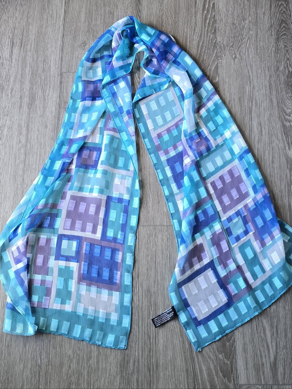 Sheer Oblong Scarf Blue Teal Purple Geometric Square Print 12x58 Made In Korea